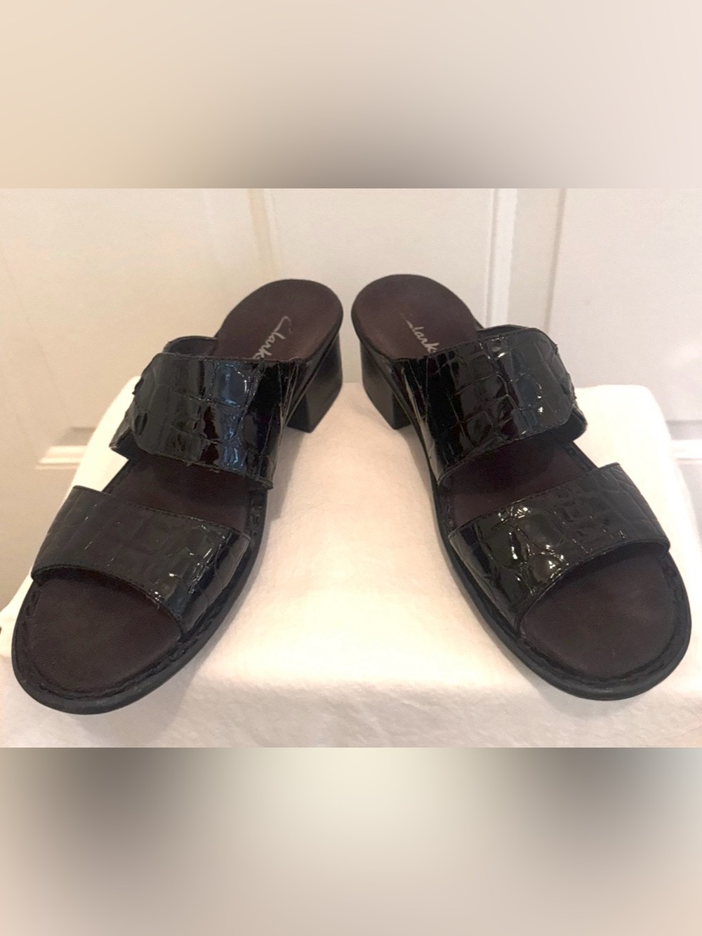 Clarks Black Croc-Embossed Double Strap Slide Mules